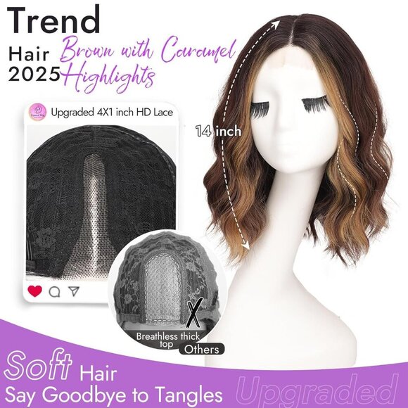 Dark Brown Mixed Chestnut Short Wavy Wig for Women Lace Hairline - Picture 2 of 5